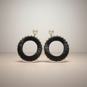 Kate Spade Francesca Raffia Drop Hoop Earrings Black Faux Pearl KC188 New